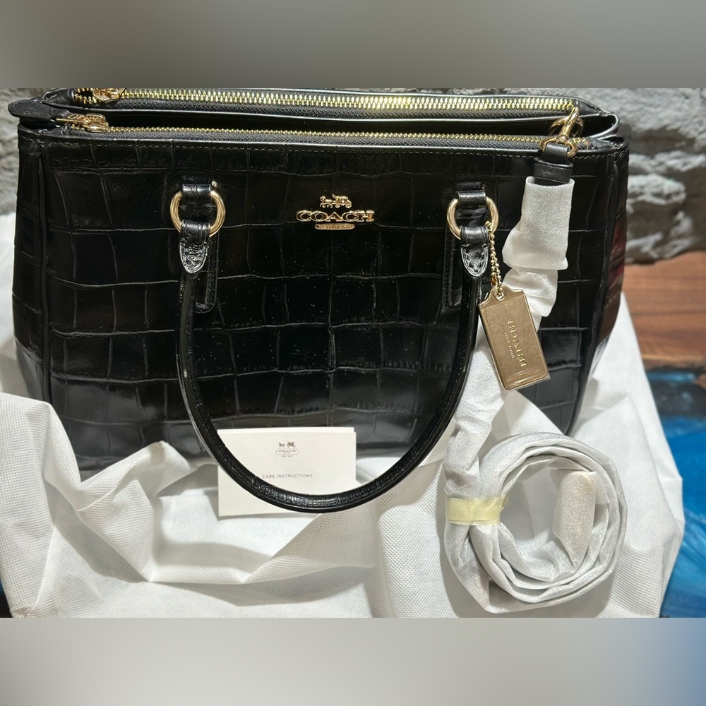 Beautiful Coach Black Croc-Embossed Satchel